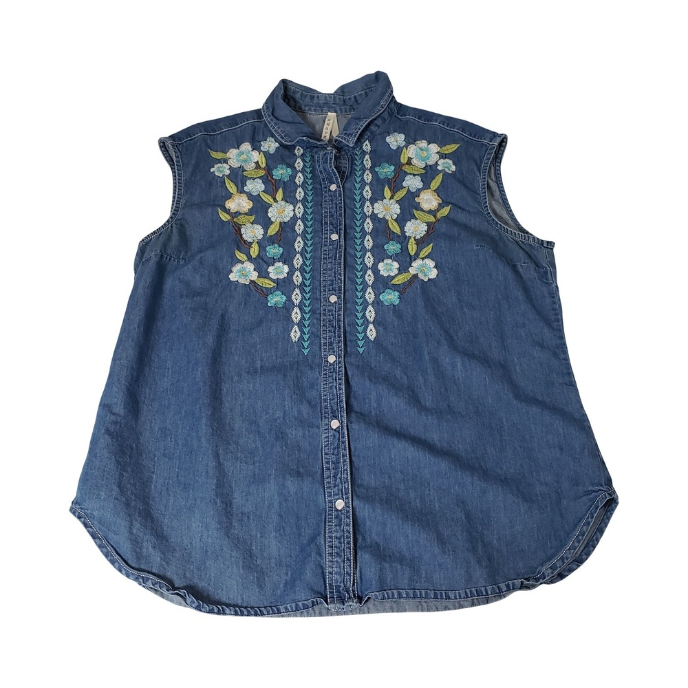 Roper Womens XL Blue Denim Sleeveless Embroidered Western Snap Button Top
